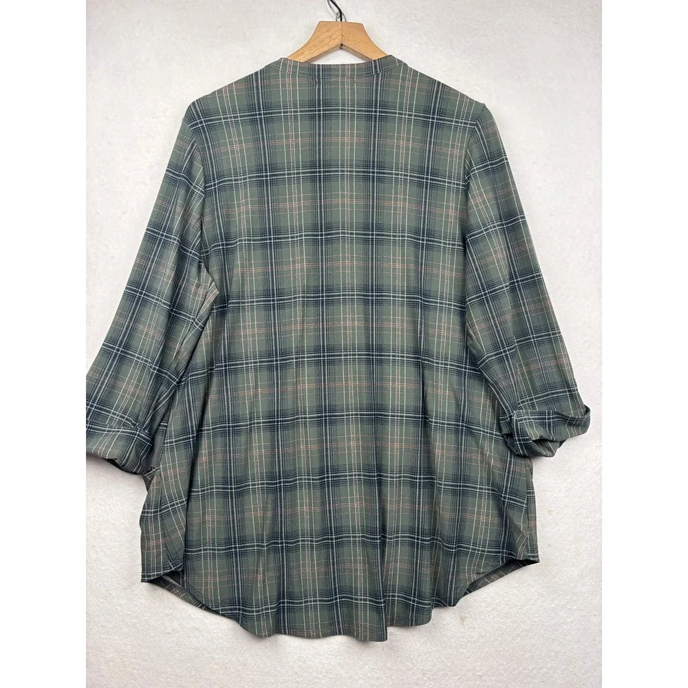 Roz and Ali Tunic Womens 1X Plaid Henley Roll Tab Sleeve